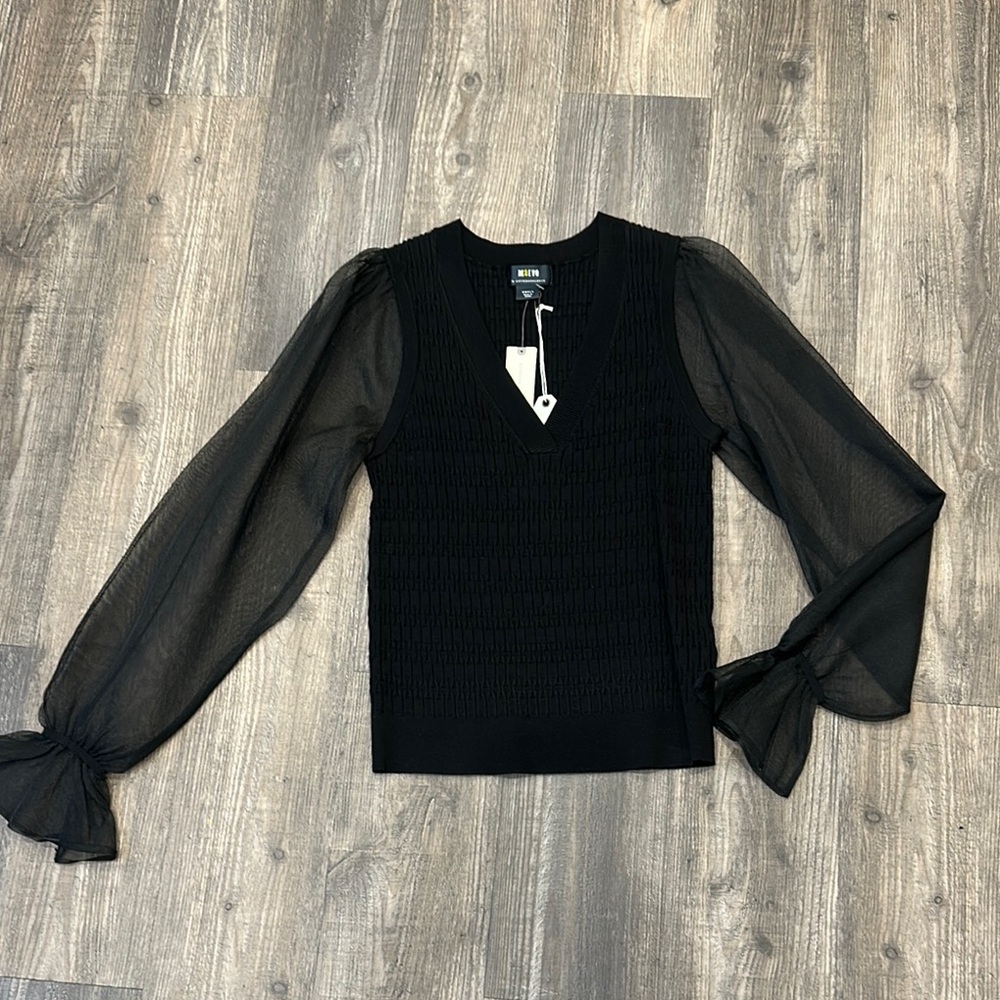 NWT Anthropologie Black Sheer Sleeve Top SZ: Small